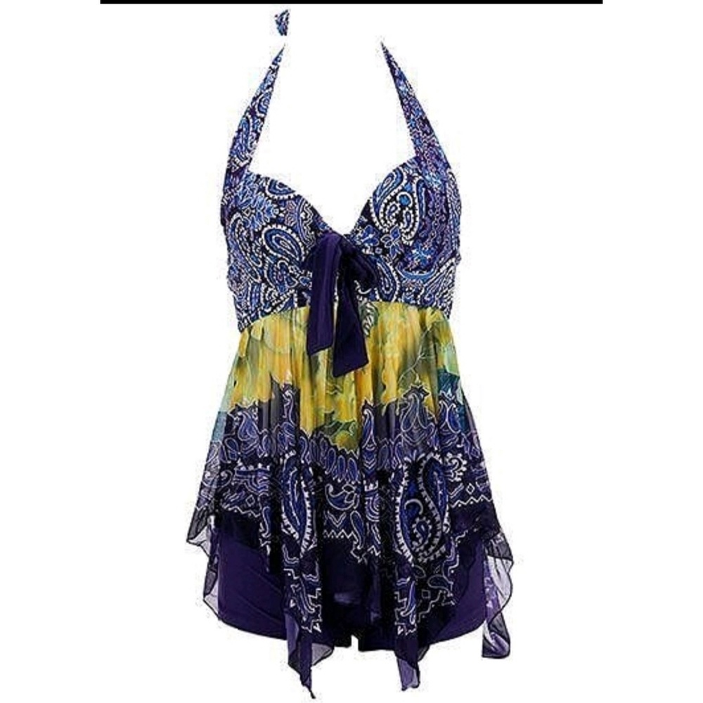 Blue White & Yellow Bathing Suit Top